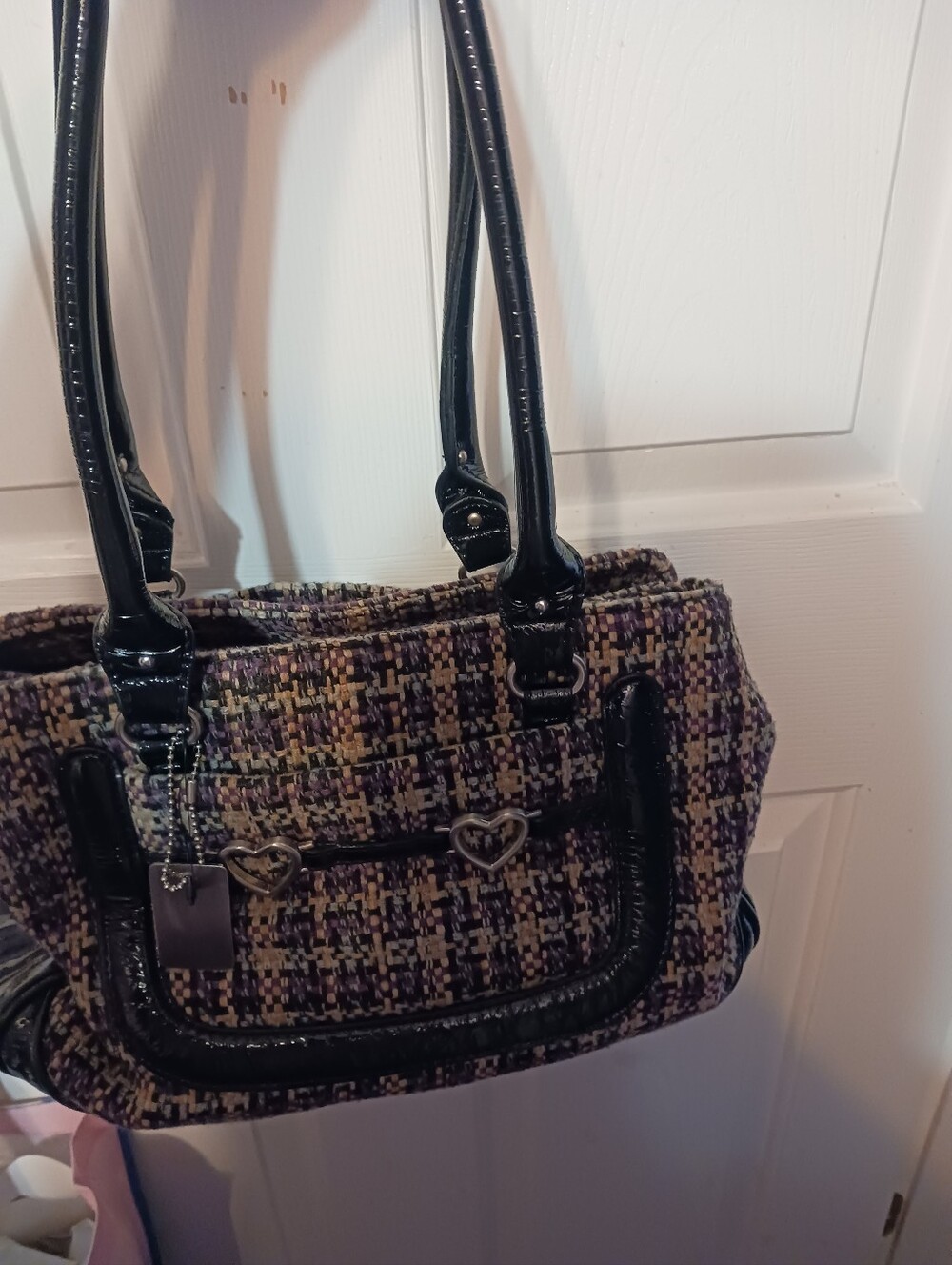 Airoldi Couture Large Plaid Tweed Satchel Handbag Faux Patent &‎ Heart Accent